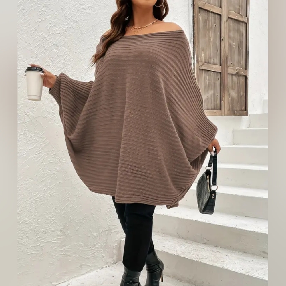 Plus Size Rib Knit Off Shoulder Batwing Sleeve Loose Fit Sweater, Women'…